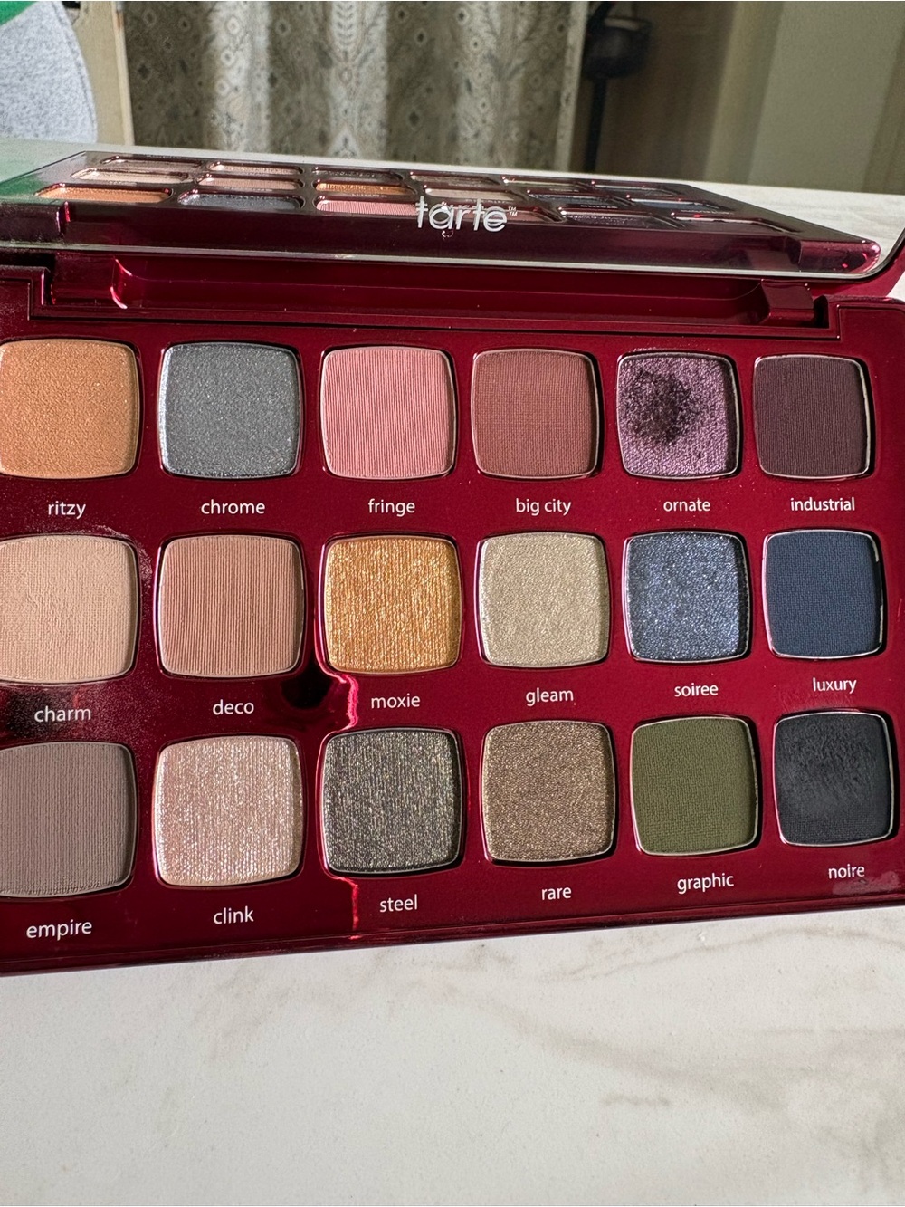 tarte Glamour Eyeshadow Palette — gold, pink, gray, green, brown tones